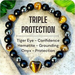 Triple Protection Bracelet – Tiger Eye, Hematite & Black Onyx Crystal For Energy